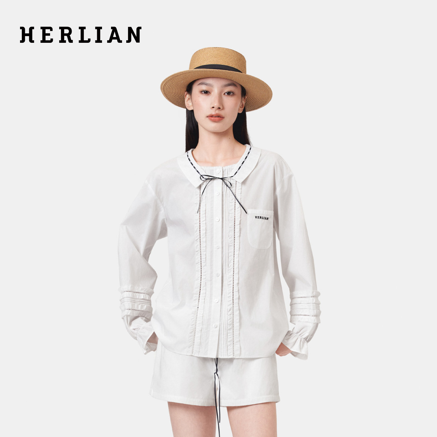 HERLIAN 2026年春夏新品高台式翻领撞色丝带女士长袖衬衫