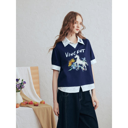 两三事梵高文艺彼岸双生2026春新款复古印花拼色假两件短袖t恤女 商品图3