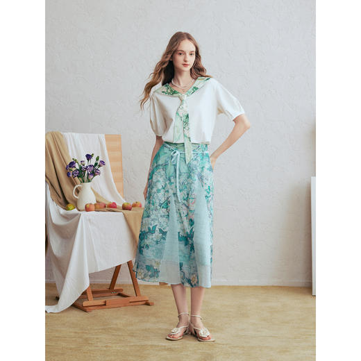 两三事梵高文艺氧气银河2026春季新款印花系带海军领泡泡袖t恤女 商品图2