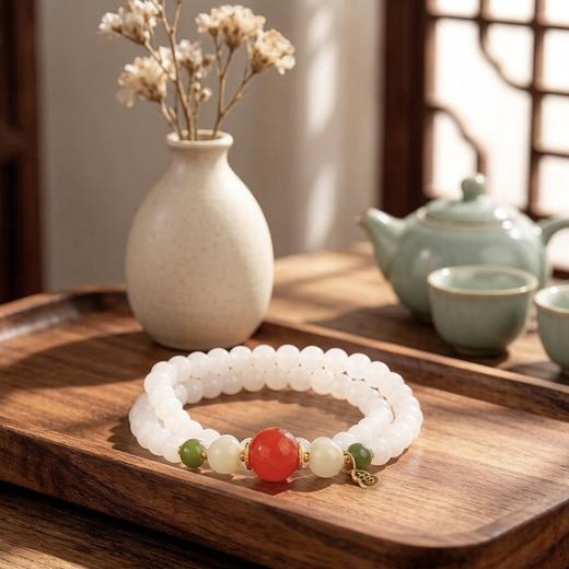 清瑶缀赤 天然和田白玉南红双圈手串 商品图1