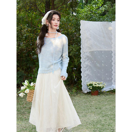 鹿向南「雾蓝花信」蓝色轻薄针织罩衫女春季宽松温柔好看法式上衣 商品图4