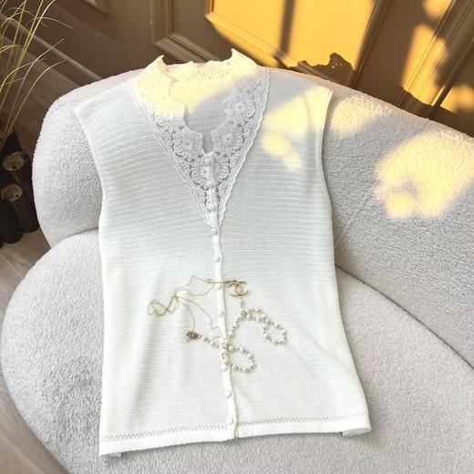 云纱清韵~桑蚕丝羊毛v领蕾丝纯色无袖开衫 商品图0