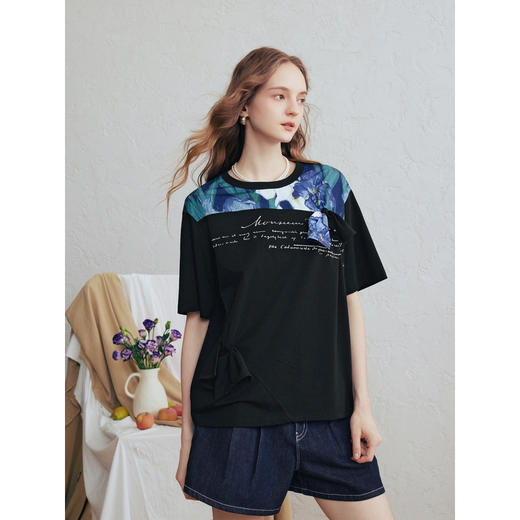 两三事梵高文艺春野浮萍2026春新款小清新印花拼接扭结t恤女宽松 商品图1