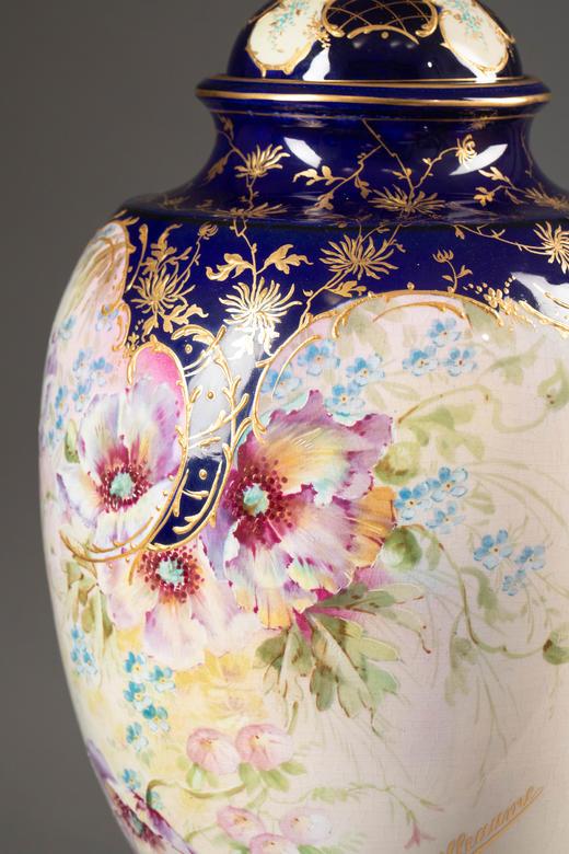 独角鹿西洋古董20世纪初德国Royal Bonn工坊出品瓷手绘花卉主题新艺术风格盖瓶一对 商品图6