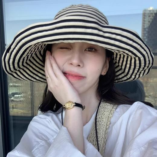 时髦气质条纹大檐帽子2025春夏新款大头围出游防晒可折叠太阳帽女 商品图3