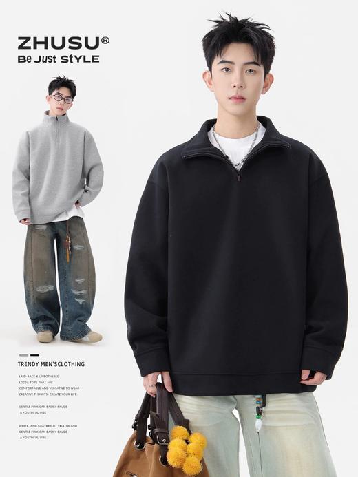 情侣卫衣立领男冬季新款长袖落肩袖宽松秋冬男装美式高级男士上衣 商品图0