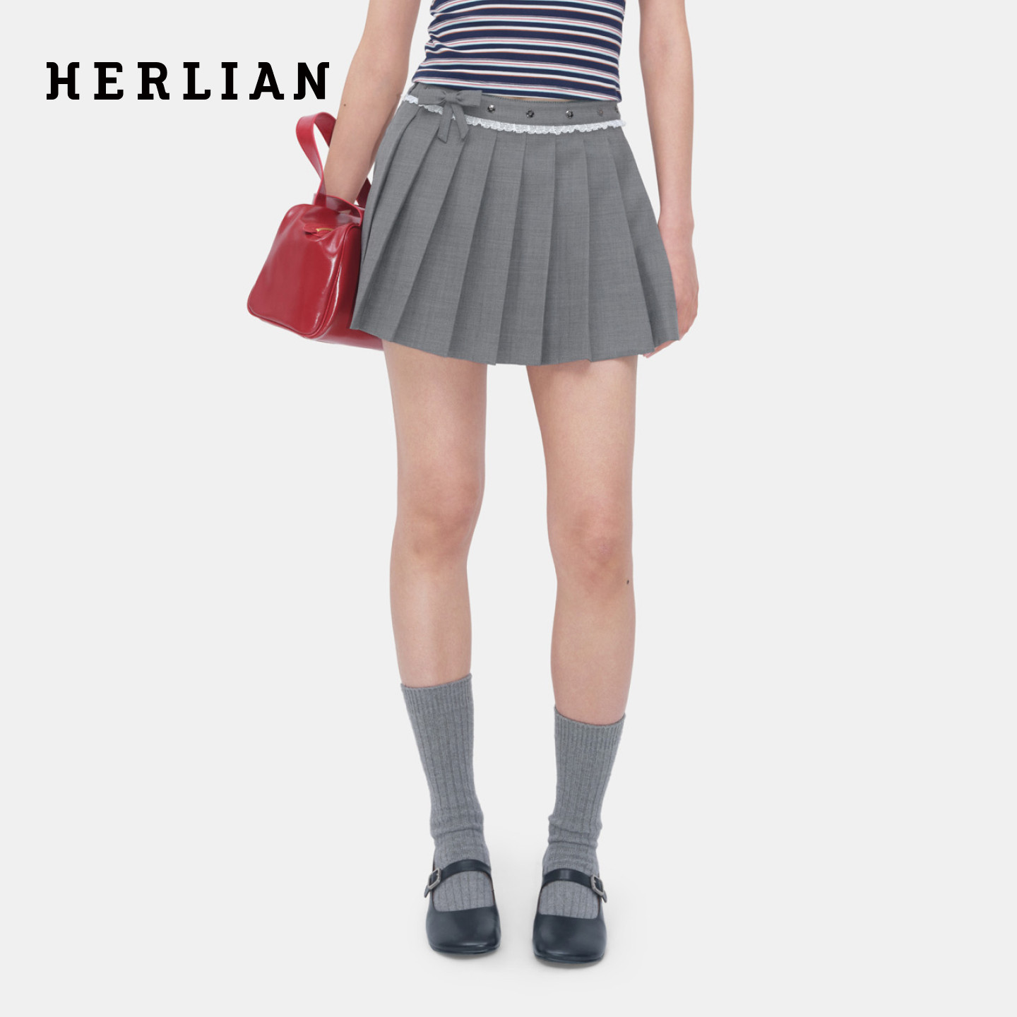 HERLIAN 2026年春季新品百可拆卸蝴蝶结百褶裙女士A字短裙