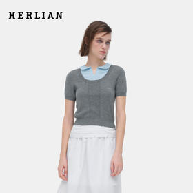 HERLIAN 2026年春夏新品波点花边娃娃领撞色拼接短袖女针织衫