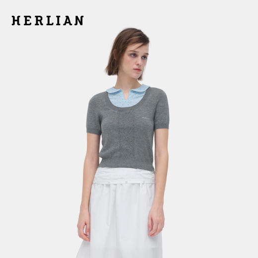 HERLIAN 2026年春夏新品波点花边娃娃领撞色拼接短袖女针织衫 商品图0