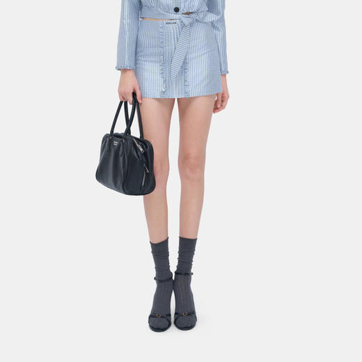 HERLIAN 2026年春夏新品蓝格塔克A字短裙女桑蚕丝高腰半裙 商品图1