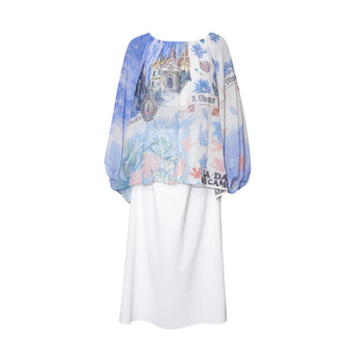 两三事 月河星沙 2026春季新款甜美印花拼接灯笼袖假两件连衣裙 商品图4