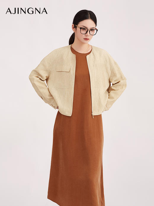 【商场同款】阿菁娜春季新款老钱风亚麻纹理感圆领短款外套A31C106003 商品图1