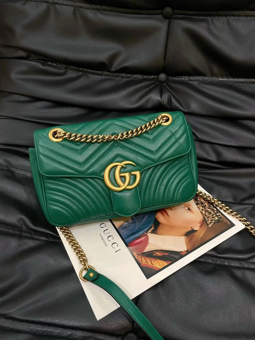 Gucci 双g 马蒙 绿色 金扣 牛皮 中号 链条包 商品图0