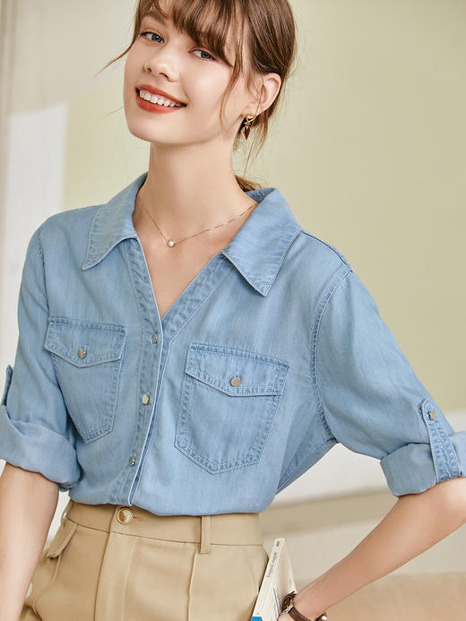 【百图lulu定制】【慕斯牛仔衬衫】 100%莱赛尔  七分袖   气质通勤设计感  牛仔衬衫 商品图1