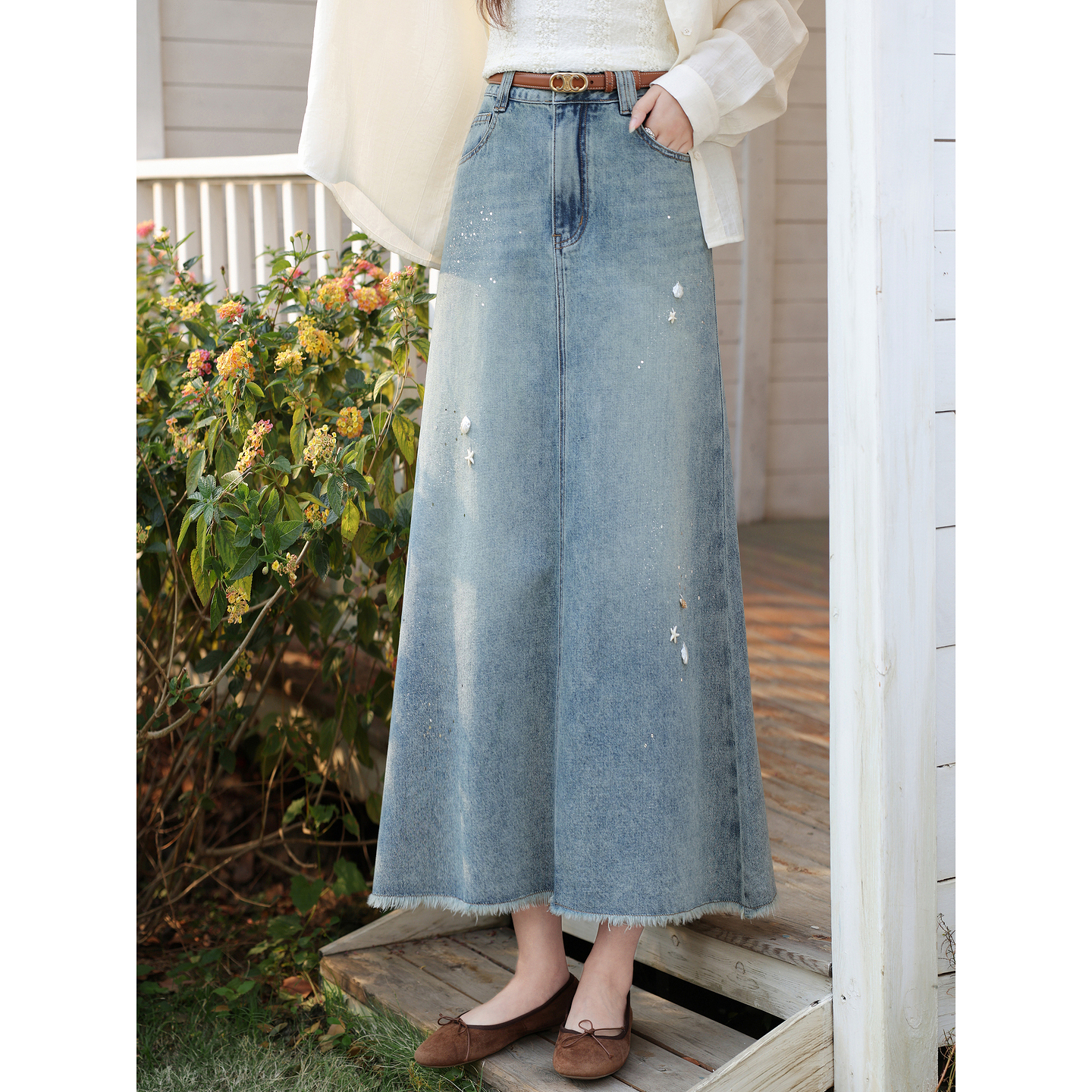 鹿向南「编织香榭」洗水蓝半身裙女春新款时尚洋气高腰显瘦牛仔裙