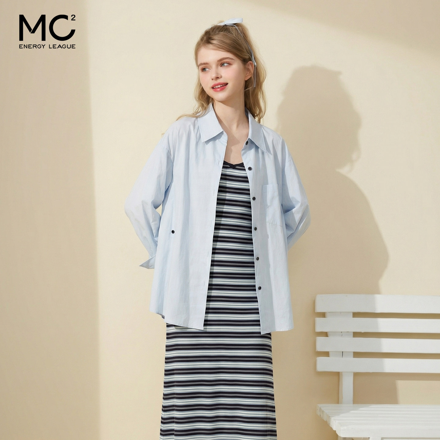 mc2蓝色翻领长袖衬衫配吊带裙套装女装春秋季新款中长款时尚好看