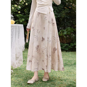 鹿向南「枯蝶逸境」新中式国风碎花半身裙女春季新款杏色中长裙子