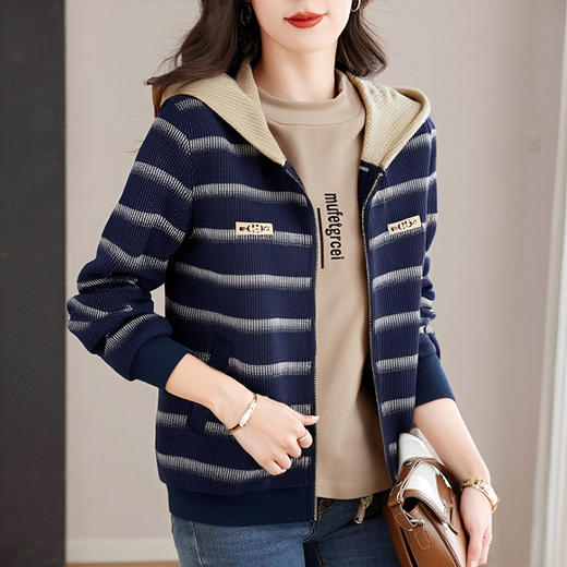 加绒加厚条纹外套女秋冬季新款休闲百搭连帽开衫卫衣中年妈妈上衣 商品图2