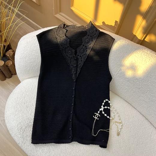 云纱清韵~桑蚕丝羊毛v领蕾丝纯色无袖开衫 商品图3