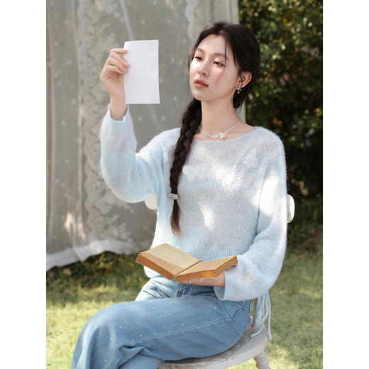 鹿向南「南庄梦蝶」慵懒风蓝色针织衫抽绳女春收腰显瘦蝴蝶上衣 商品图4