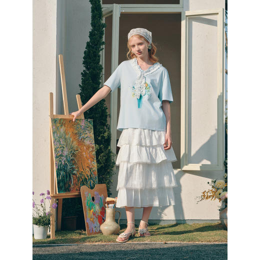 两三事梵高文艺 湖心物语 2026春季新款小清新木耳边v领印花t恤女 商品图3