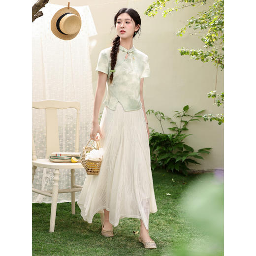 鹿向南「竹影蝶恋」浅绿色国风短袖T恤夏季新款时尚新中式女上衣 商品图4