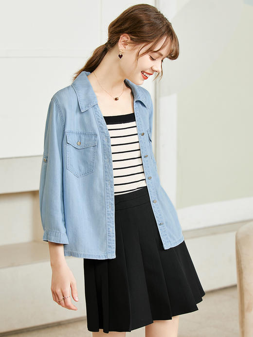 【百图lulu定制】【慕斯牛仔衬衫】 100%莱赛尔  七分袖   气质通勤设计感  牛仔衬衫 商品图7