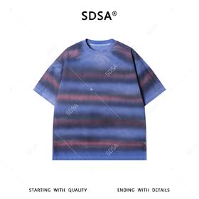 SDSA男装2026新款美式复古渐变t恤重磅棉宽松蓝紫条纹设计感短袖