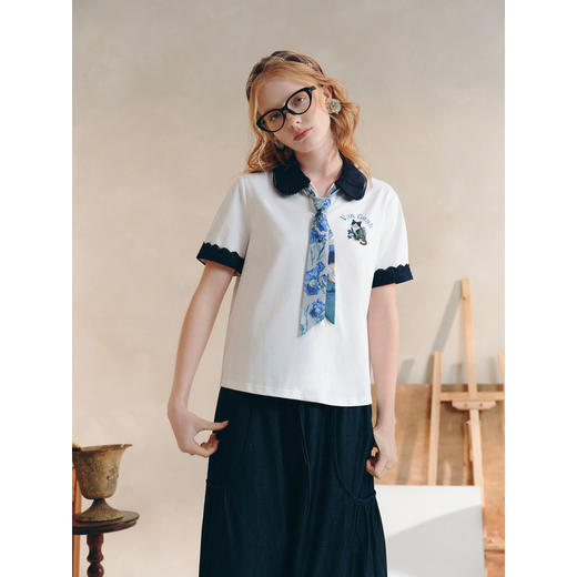 两三事梵高文艺星空市集2026春新款撞色娃娃领可拆领带印花t恤女 商品图3