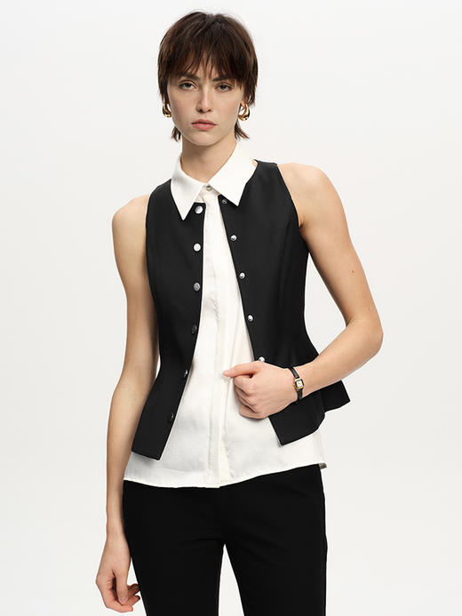 TR她热 英伦绅士 黑色收腰单排扣复古通勤百搭休闲显瘦圆领西装马甲 商品图3