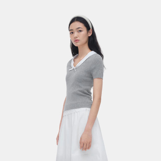 HERLIAN 2026年春夏新品波点蝴蝶结拼接修身女士短袖针织衫 商品图1