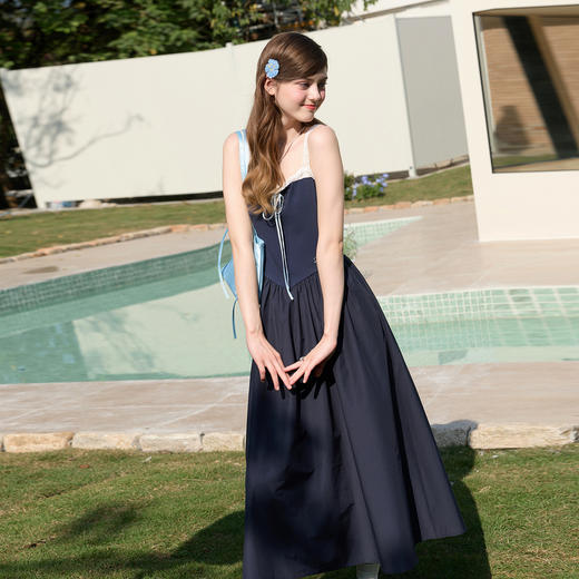 三彩独醒2026春季新款一字领花边吊带裙连衣裙无袖A字裙蓬蓬长裙F 商品图2