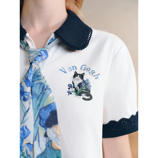 两三事梵高文艺星空市集2026春新款撞色娃娃领可拆领带印花t恤女 商品图2