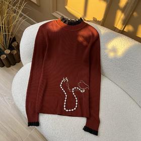 绯色织梦~抽条欧根纱木耳领花边针织套头衫