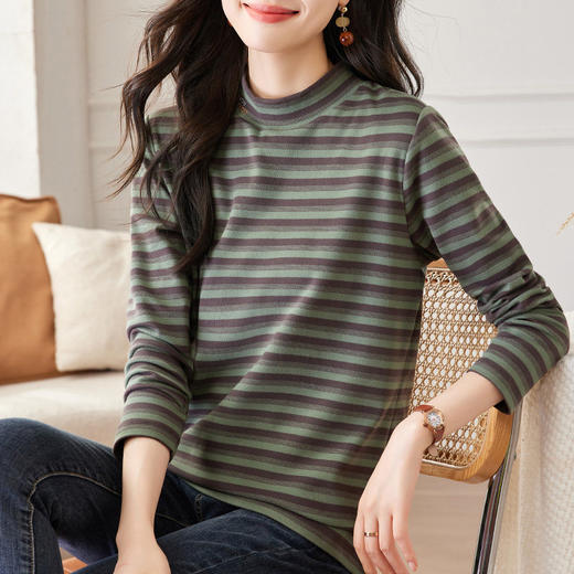 女士德绒半高领打底衫女秋冬新款加绒大码女装条纹长袖t恤女上衣 商品图1