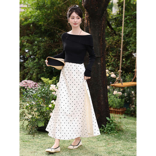 鹿向南「月光梦境」法式杏色波点半身裙女夏显瘦蕾丝拼接A字长裙 商品图3