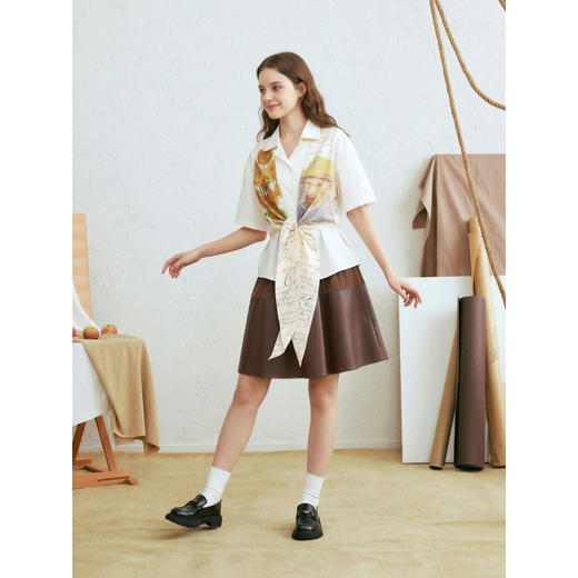 两三事梵高文艺笔记余温2026春新款复古印花拼接绑带假两件衬衫女 商品图1