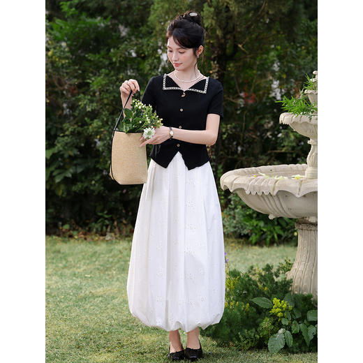 鹿向南「椿山梦境」赫本风黑色翻领花边短袖T恤女夏显瘦正肩上衣 商品图1