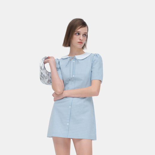 HERLIAN 2026年春夏新品不规则娃娃领蓝格修身收腰裙女连衣裙 商品图2