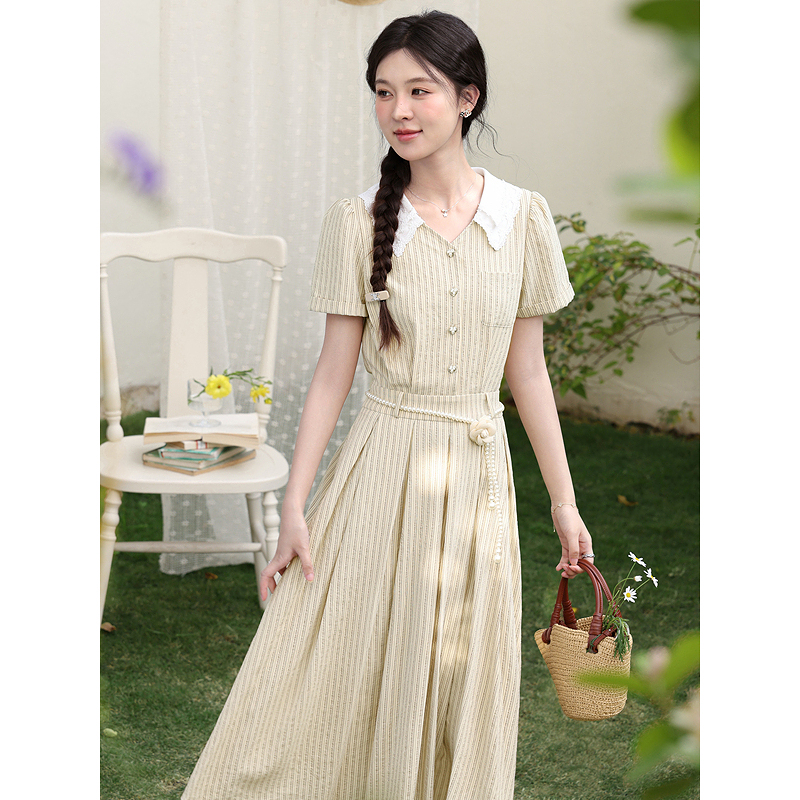 鹿向南「伯恩美术馆」条纹短袖V领连衣裙女夏季收腰显瘦A字长裙子