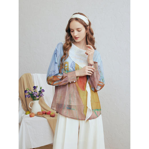 两三事梵高文艺 初晴烟雨 2026春季新款飘带拼接两件套印花衬衫女 商品图1