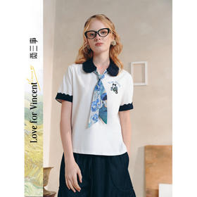 两三事梵高文艺星空市集2026春新款撞色娃娃领可拆领带印花t恤女