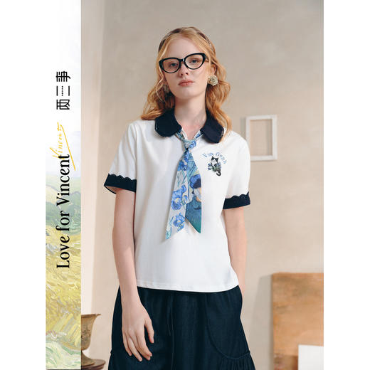 两三事梵高文艺星空市集2026春新款撞色娃娃领可拆领带印花t恤女 商品图0