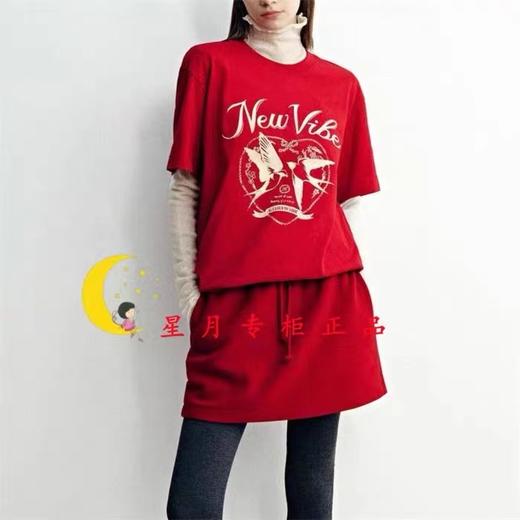 F030496短袖T恤2026春新品棉质双层植绒印花新年燕子红色 商品图4