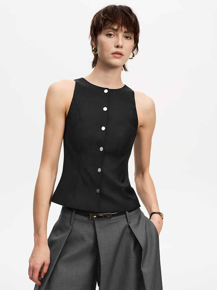 TR她热 英伦绅士 黑色收腰单排扣复古通勤百搭休闲显瘦圆领西装马甲