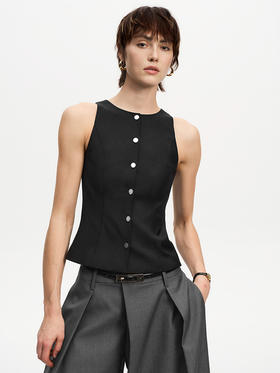 TR她热 英伦绅士 黑色收腰单排扣复古通勤百搭休闲显瘦圆领西装马甲