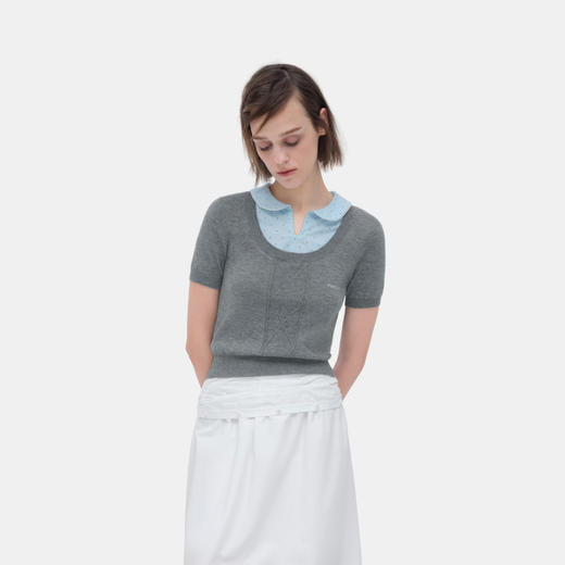 HERLIAN 2026年春夏新品波点花边娃娃领撞色拼接短袖女针织衫 商品图2