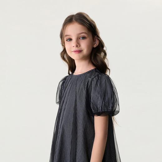 马克珍妮甜酷格纹女童网纱花苞裙2026年夏装新款560605 商品图2