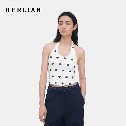 HERLIAN 2026年春夏新品波点印花百搭挂脖修身女士针织吊带 商品图0