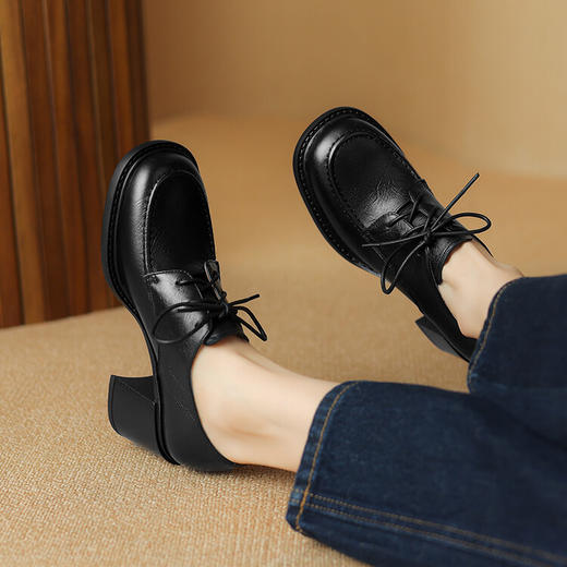 【预售5天】厚底乐福鞋女新款真皮小个子高跟单鞋粗跟小皮鞋子XMN&3750 商品图2